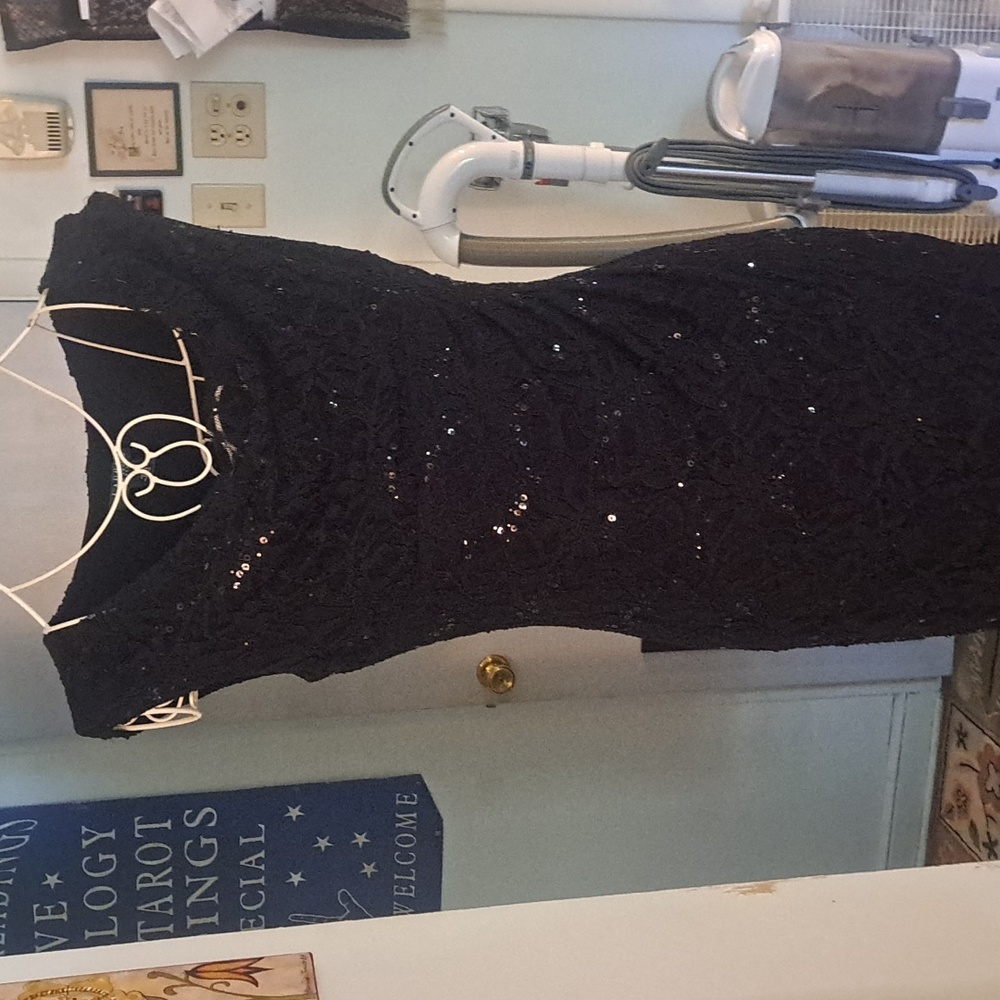 Ralph Lauren Black Floral Lace Sequin Midi Bodycon Dress, Sz 10